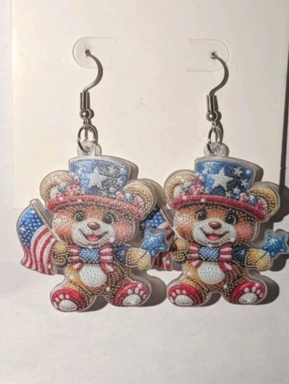 Patriotic Teddy Bear Dangle Earrings - Red White Blue